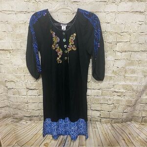 Usindo Black Blue Floral Embroidered Popover 3/4 Sleeve Coverup Dress